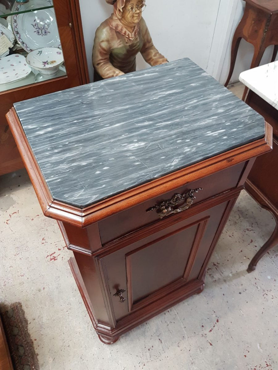 French Flame Mahogany Marble Top Cabinet