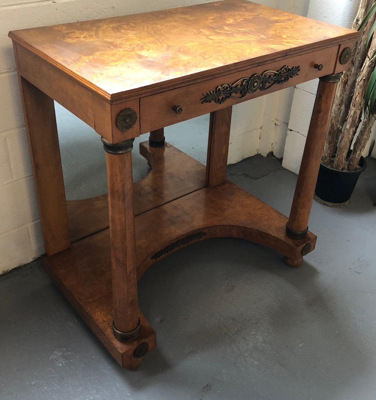 Art Deco Empire Style Console/Desk. It has a mirror underneath and a dawer. It could be used as a console table or as a small desk. In good restored condition.