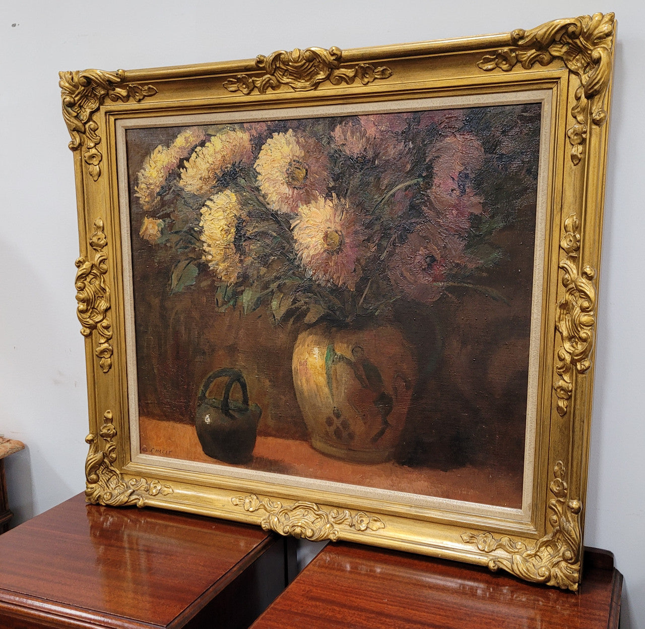 French signed oil on canvas depicting floral still life in charming gilt frame. Sourced from France and in good original detailed condition.