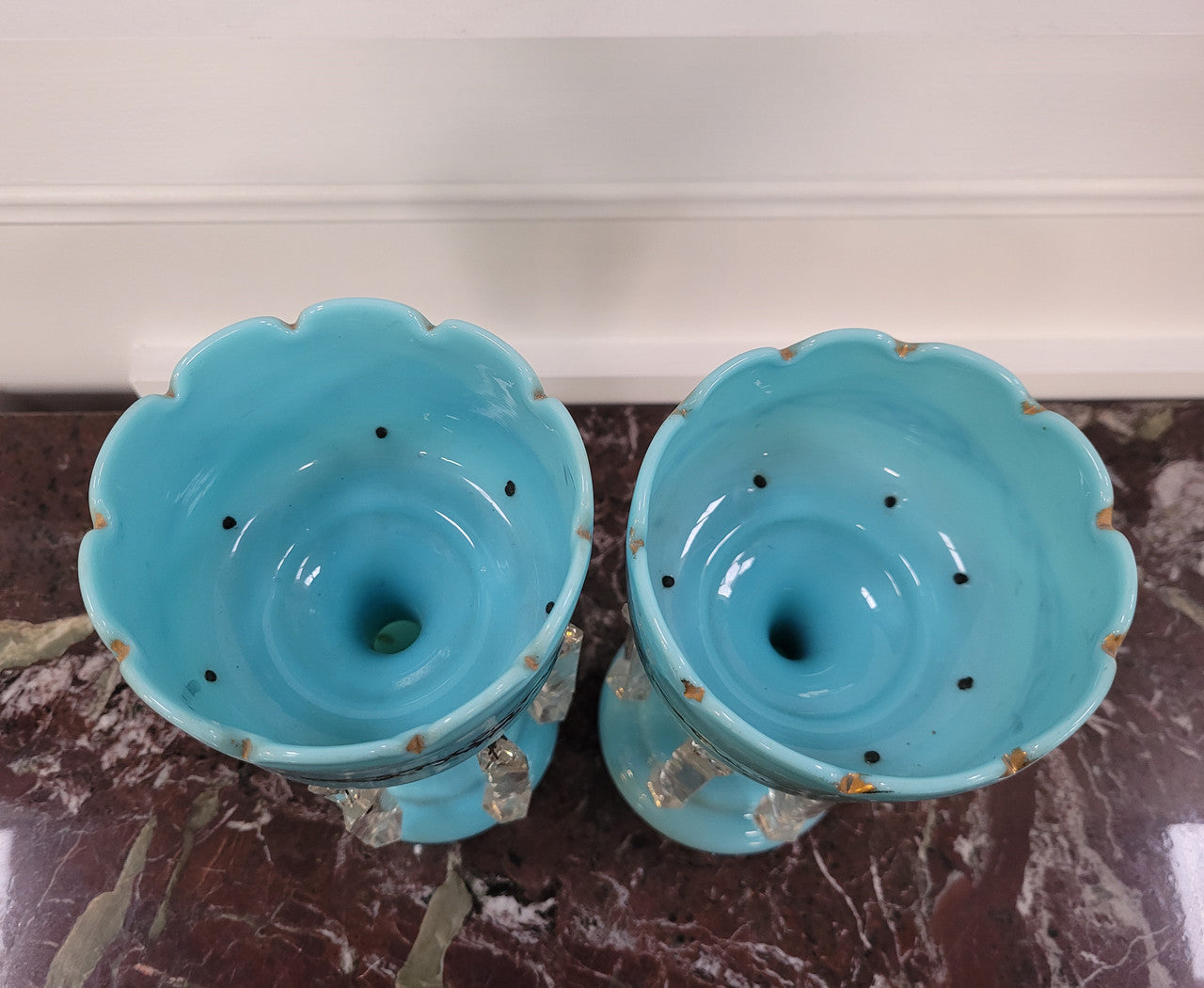 Pair of blue Opaline glass Victorian lustre vases. Please view photos as they help form part of the description.
