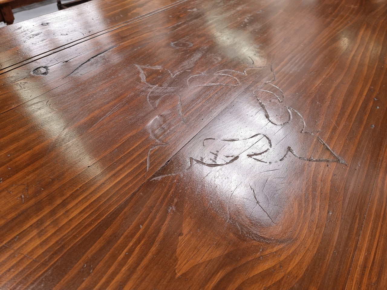 Amazing hard to find French Fruitwood Spanish style 3 meter dining table. Decorative iron work underneath and in good detailed original condition.