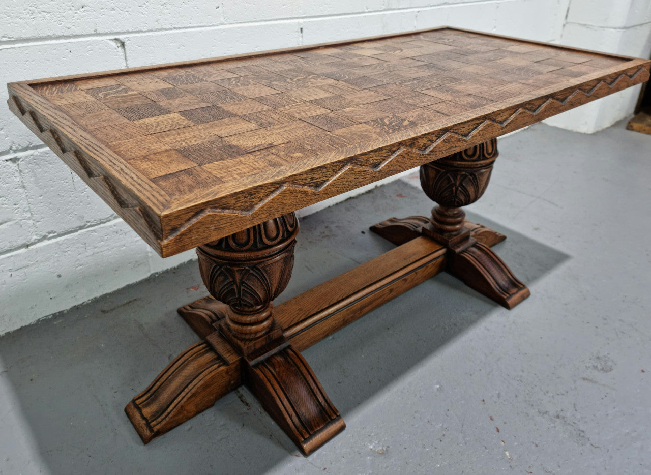 Amazing French Oak solid parquetry top coffee table. Great size and in very good original detailed condition.