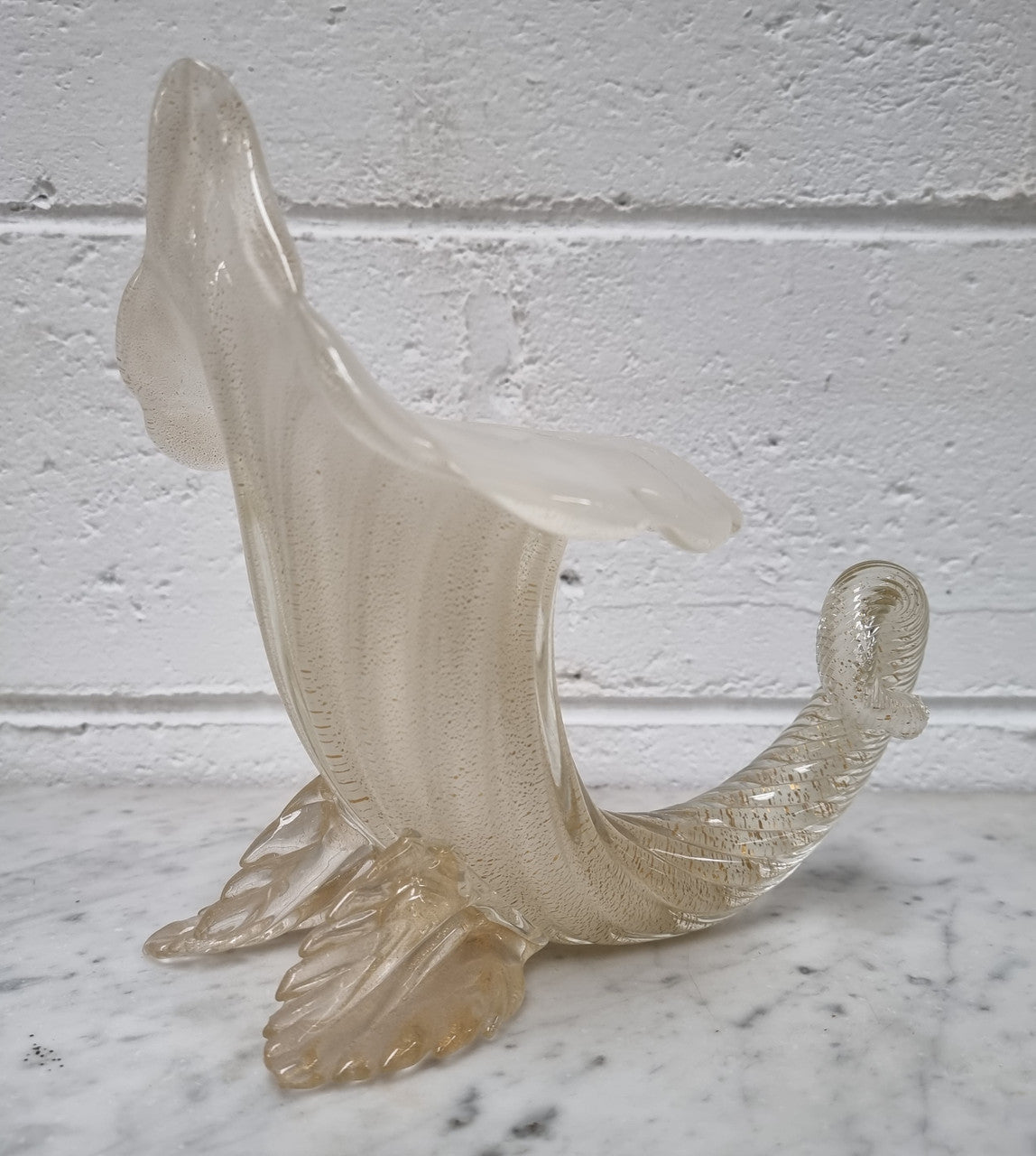Large Vintage Murano white with adventuring glass cornucopia.
