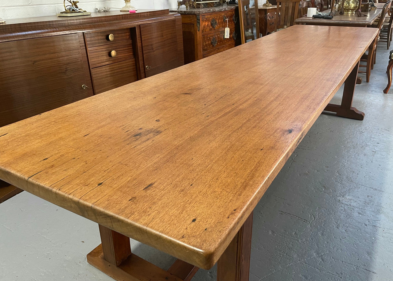 Rare 19th Century French Mahogany 3.1 m pedestal farmhouse table. It has an original wax finish and is in good original detailed condition.