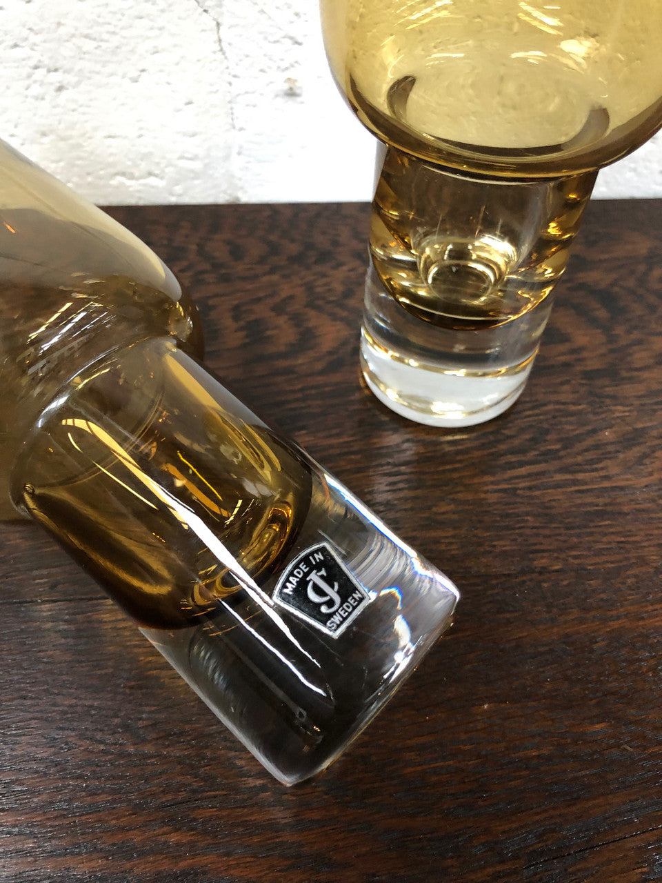 Pair Of Retro Made In Sweden Amber Glass Vases