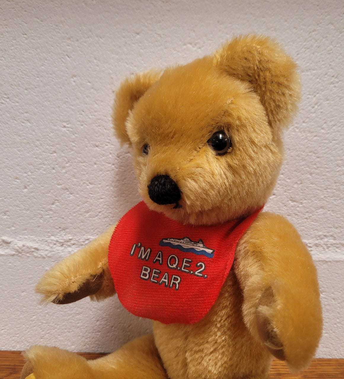 “Merry Thought” Golden Mohair fully Jointed Teddy Bear. Made in England, commemorating QE2. 32cm length. Excellent Condition.