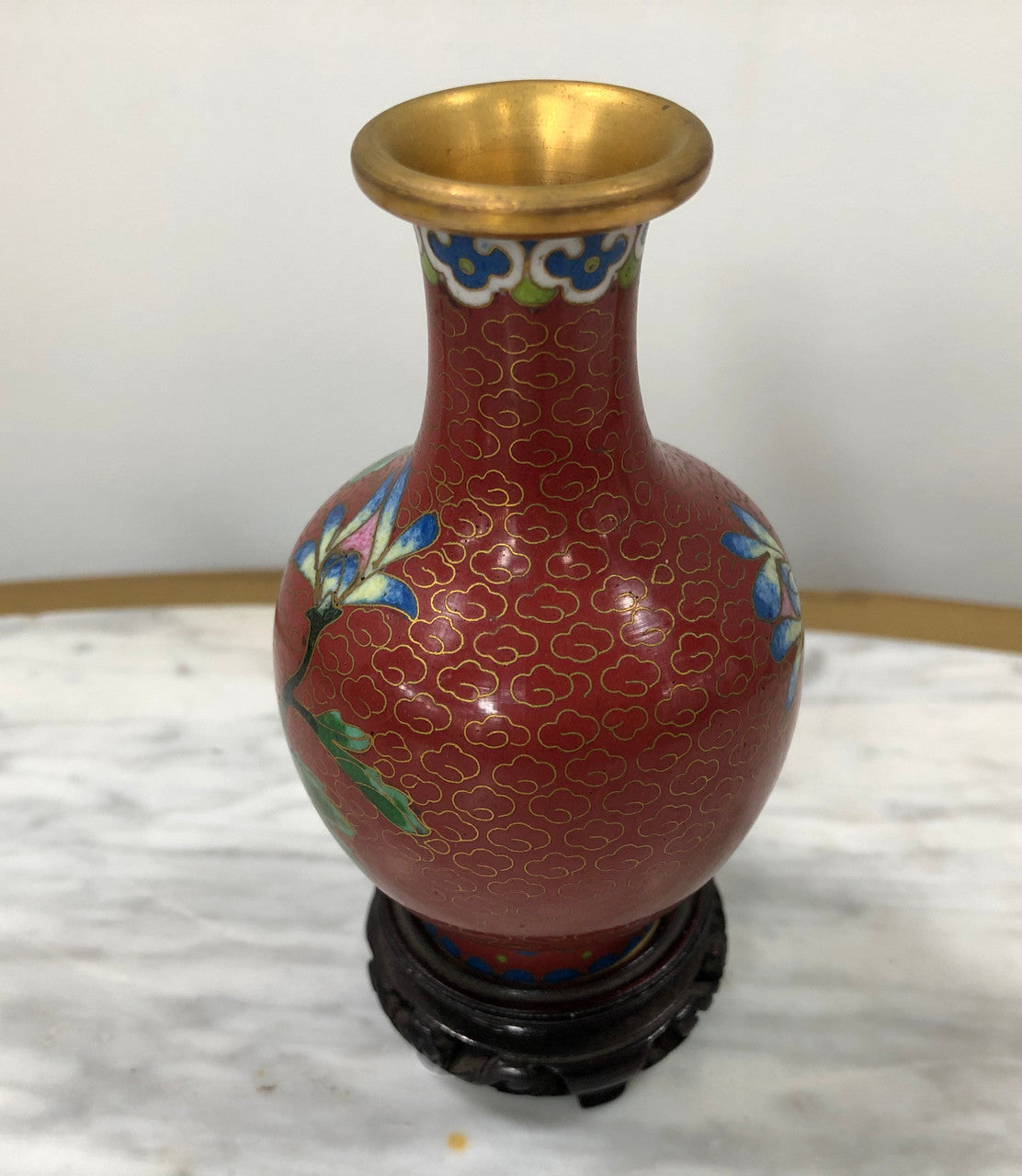 Small Red Cloisonné Vase On Carved Stand