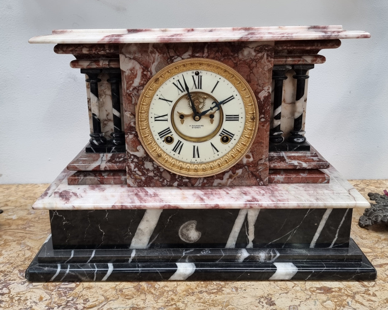 Fabulous Late Victorian Ansonia marble mantle clock, with an exposed escapement. Its movement has been overhauled and in lovely condition.
