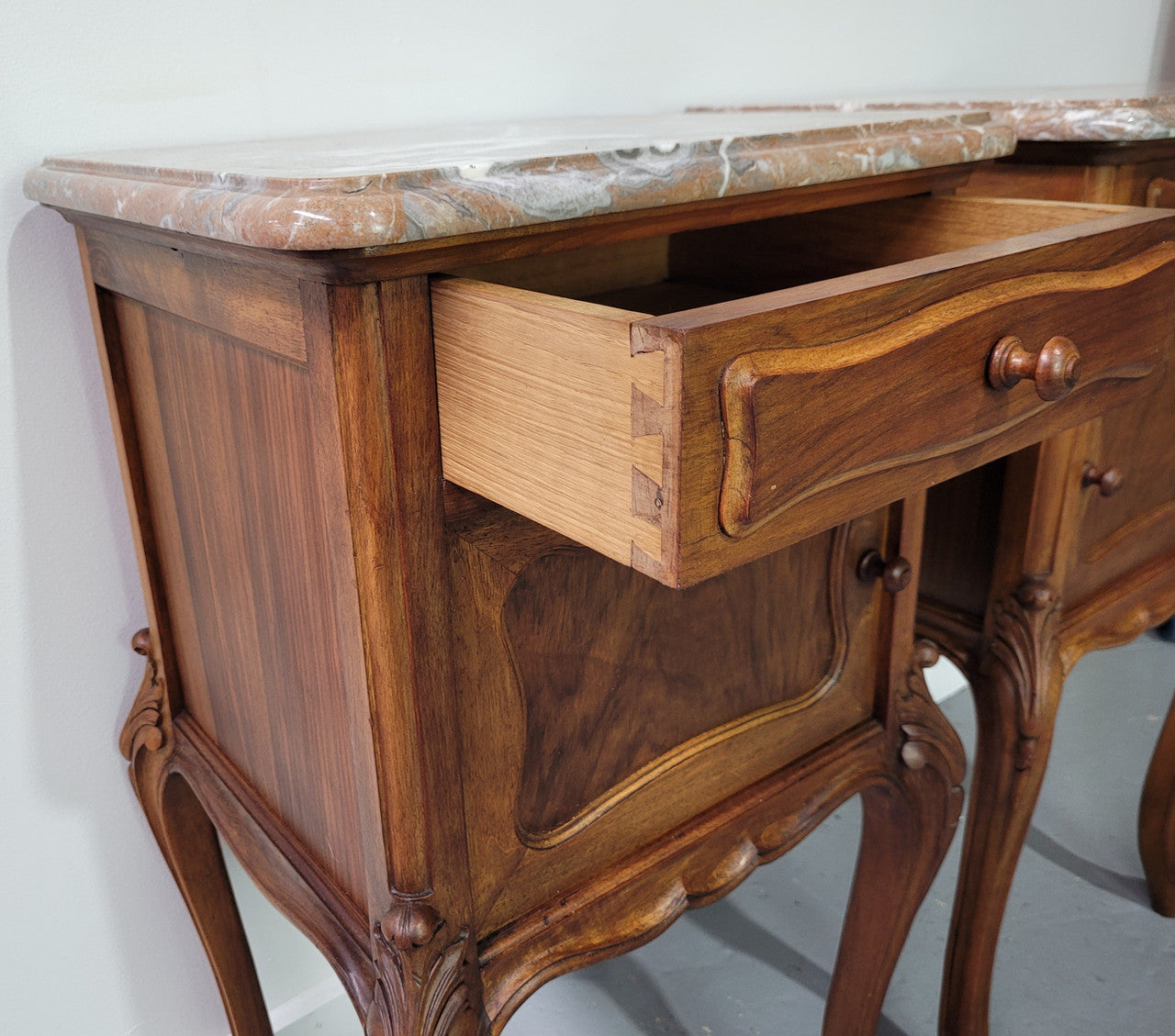 French Louis XV Style Walnut Marble Top Bedside Cabinets. In good original detailed condition.