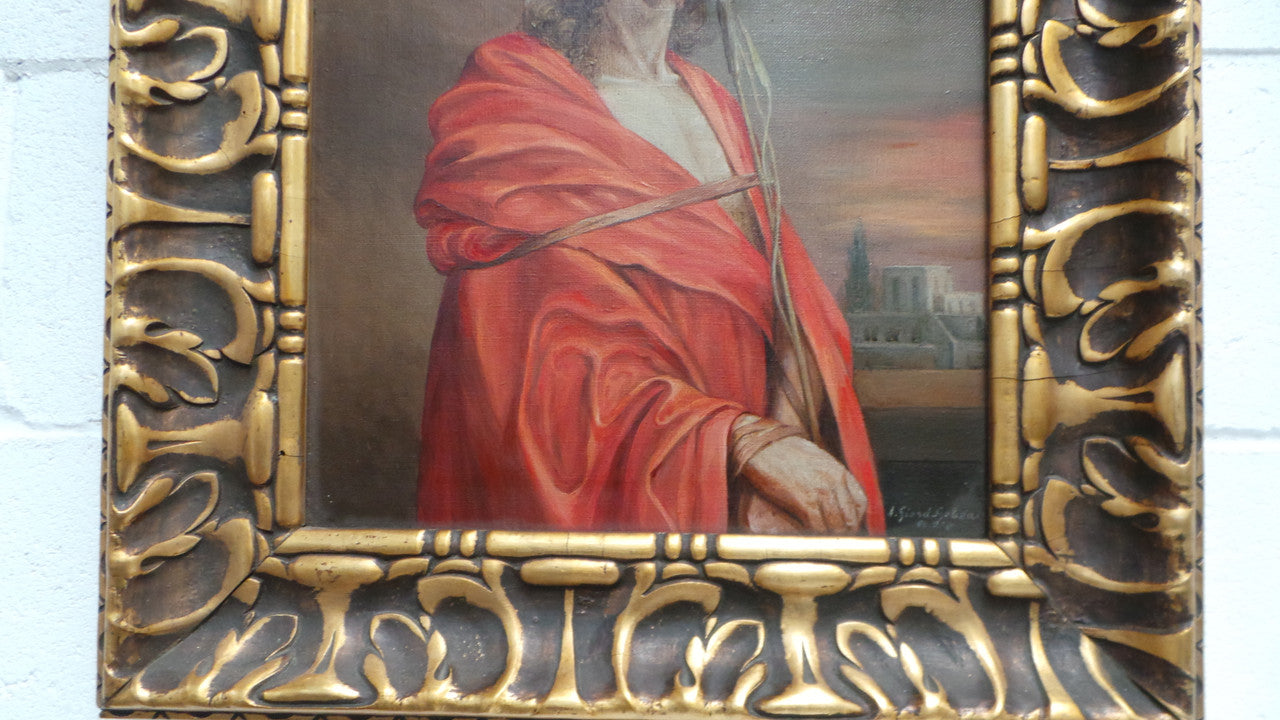 Superbly Painted Oil On Canvas Of Jesus In An Ornate Antique Gilt Decorated Frame.