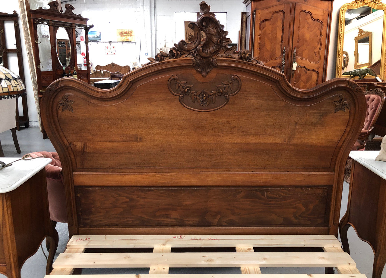 French Walnut Louis XV style queen size bed. Comes with custom made slats, all you need to is place you mattress on top.