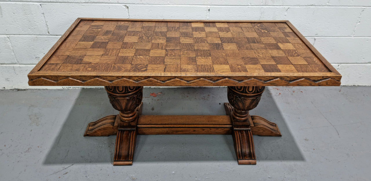 Amazing French Oak solid parquetry top coffee table. Great size and in very good original detailed condition.