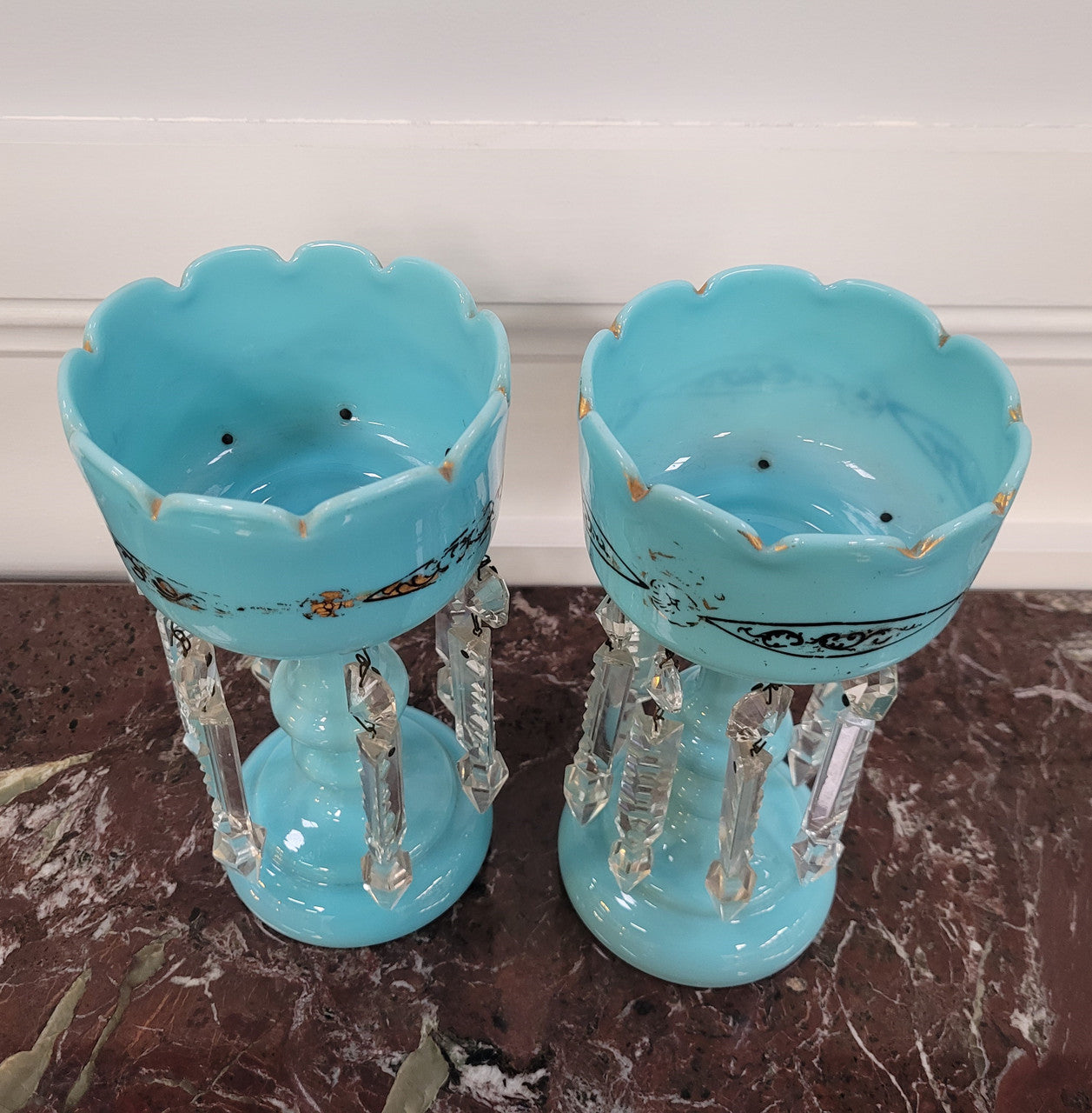 Pair of blue Opaline glass Victorian lustre vases. Please view photos as they help form part of the description.