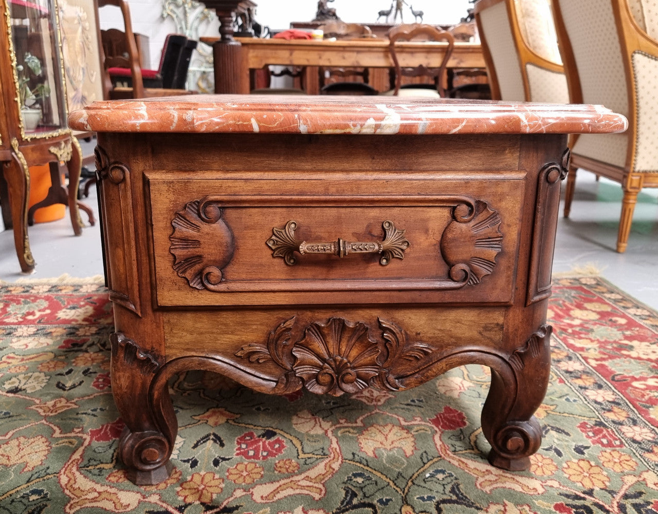 Amazing original walnut Louis XV style coffee table with a marble top, one drawer on either end and a faux drawer at the front. In good original detailed condition, sourced in France.