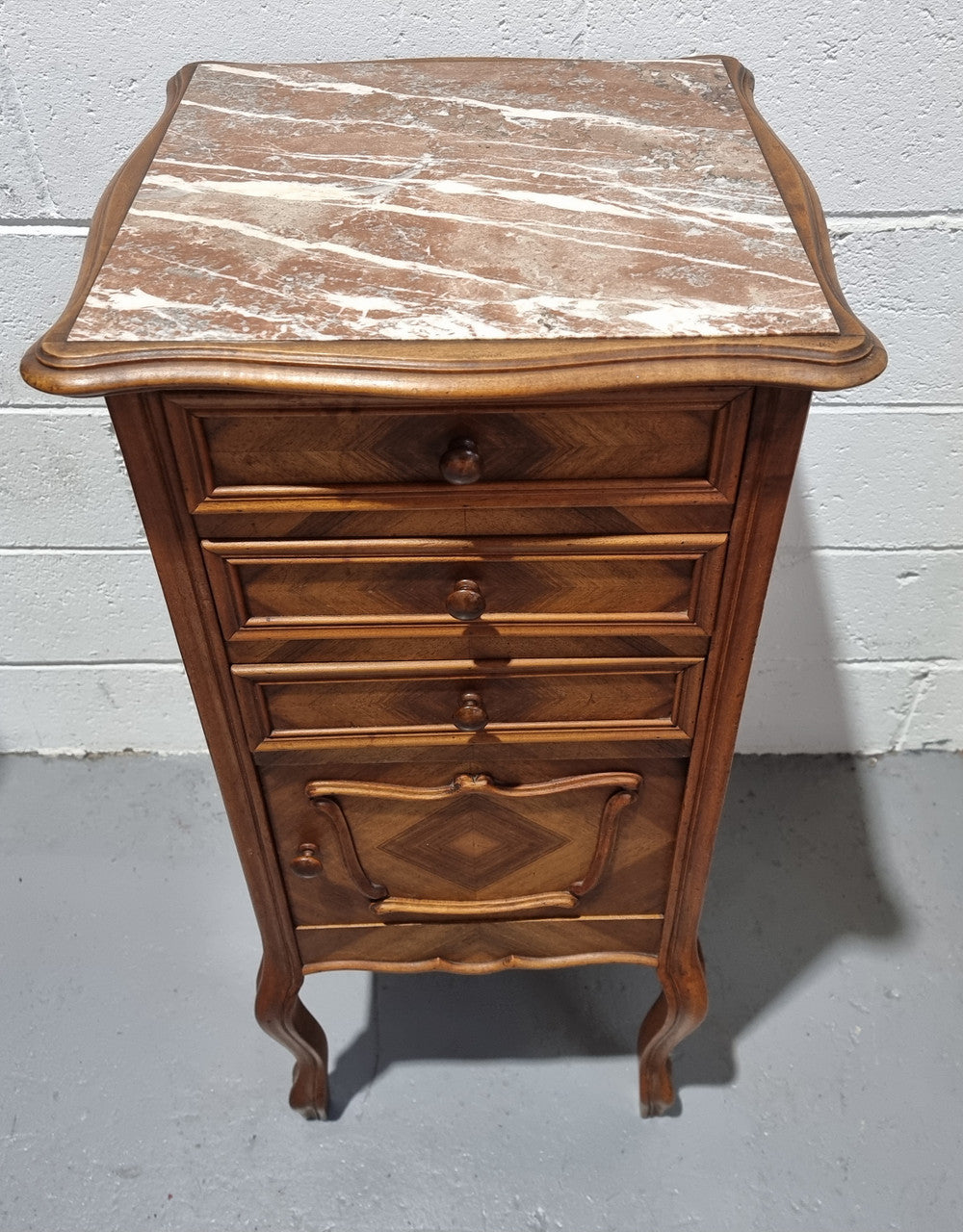 Louis XV Style Walnut Bedside-Side Cabinet With Inset Marble Top