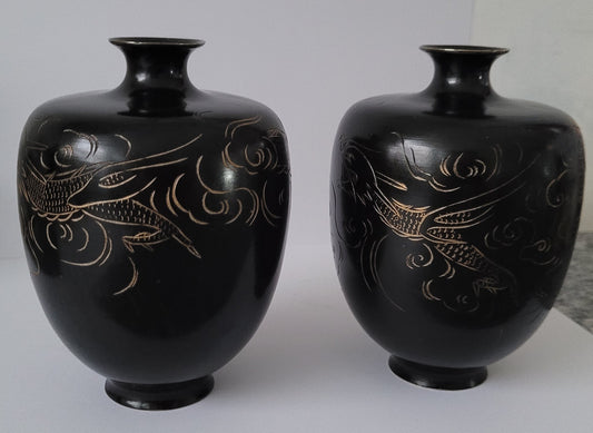 Pair of Antique Meiji Period Japanese etched Bronze vases. It is in good original condition, please view photos as they help form part of the description.