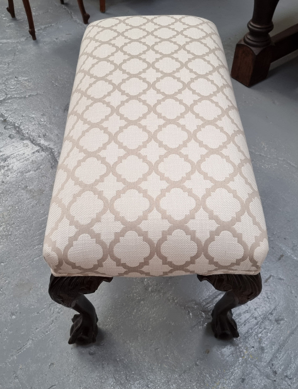 Upholstered Chippendale stool. Fabric is in very good condition and chair is in good original detailed condition.