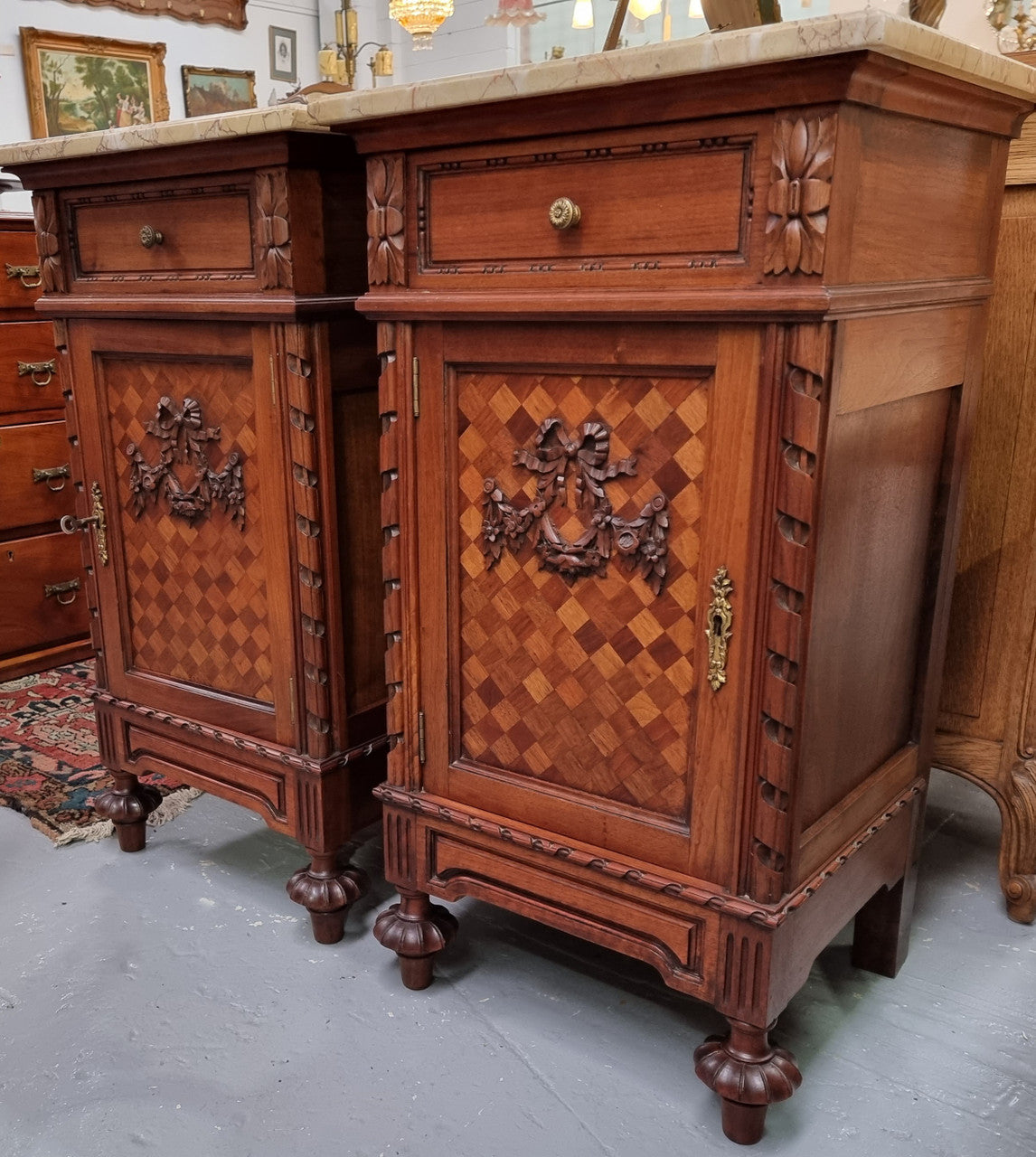 Impressive Pair of Walnut Parquetry Inlaid Henry II Style Marble Top Bedside Cabinets