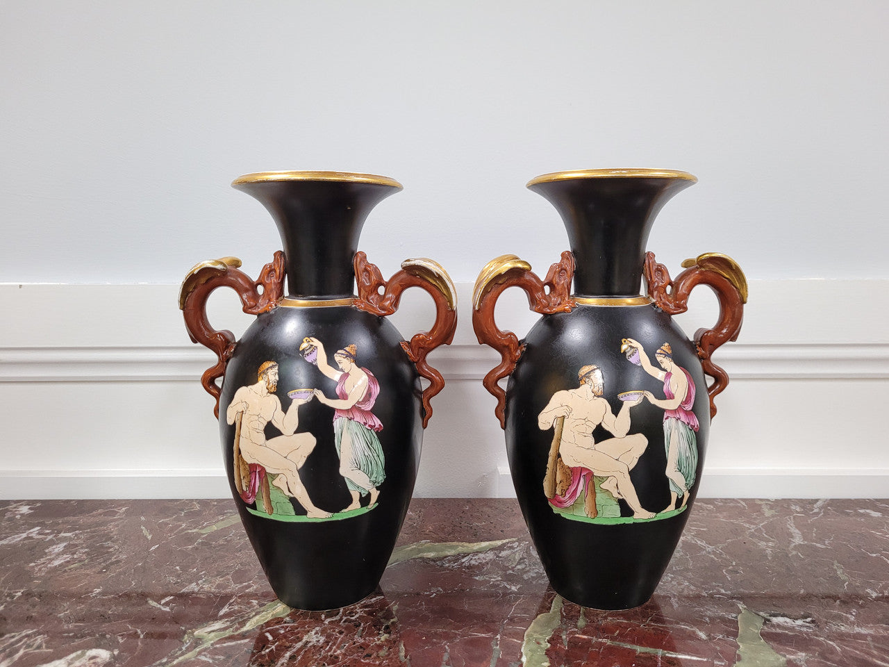 Pair Antique 19th century Paris porcelain Grecian style vases. Please view photos as they help form part of the description.
