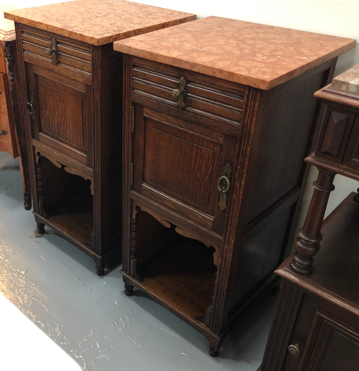 Pair Of French Marble Top Oak Bedside Cabinets