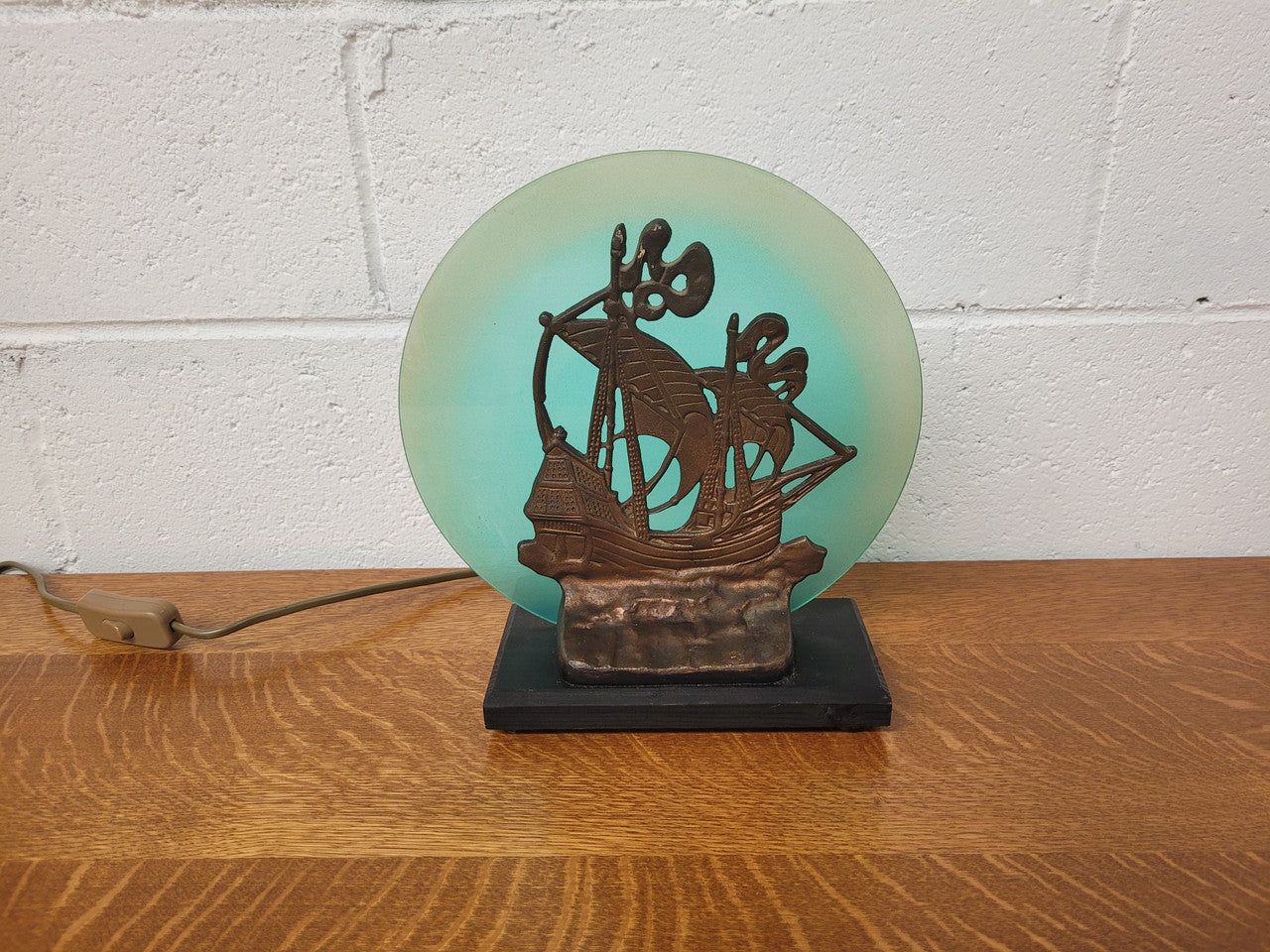 Art Deco bronze glass ships lamp. It has been rewired and is from circa 1920's.