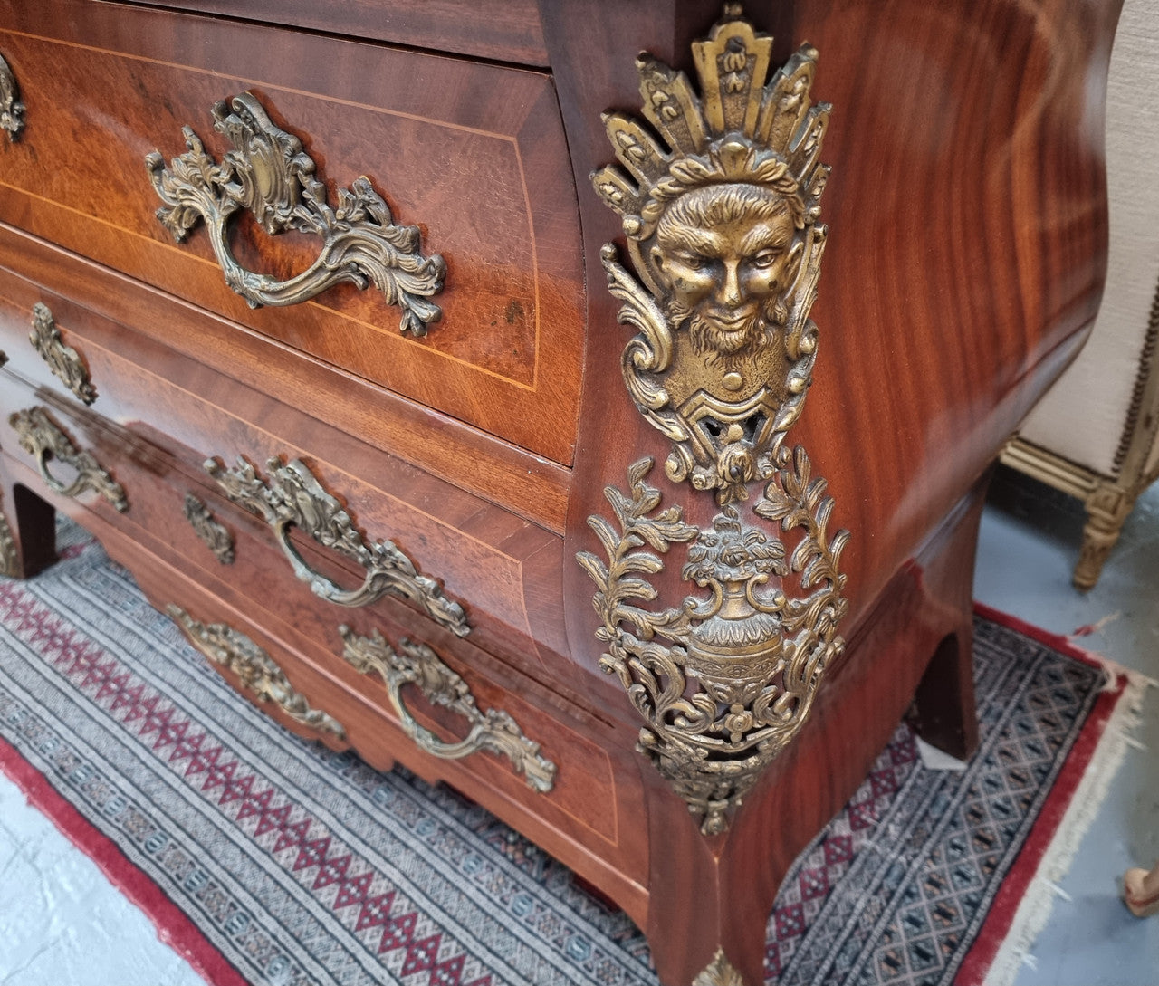 French Louis XVI style three drawer commode with amazing coloured marble. It has decorative brass mounts and is in very good original detailed condition.