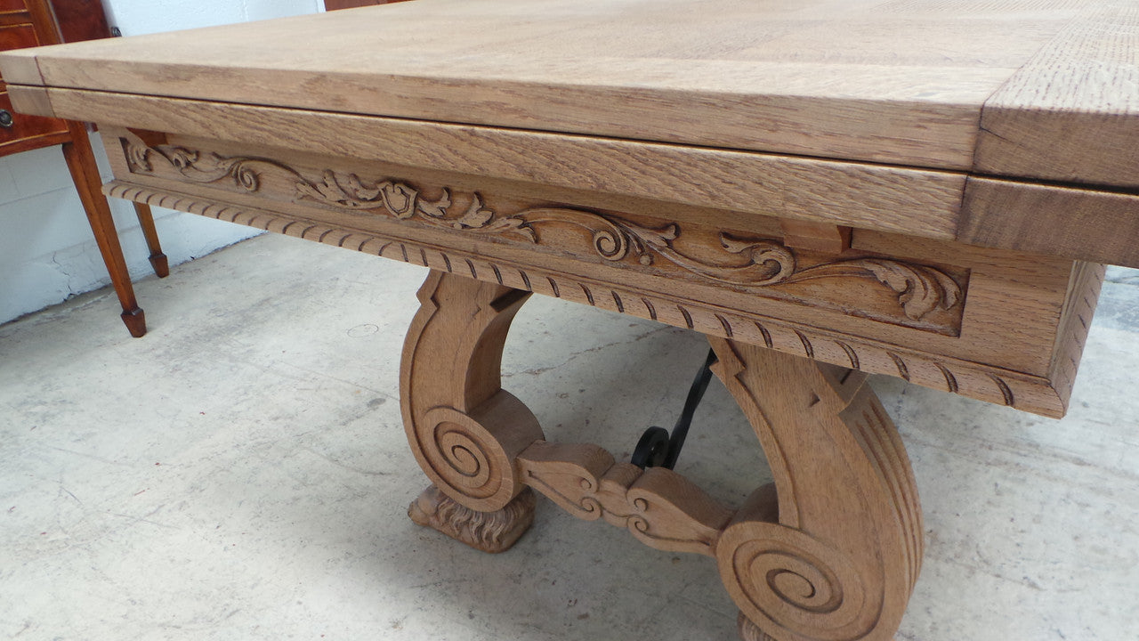 Antique French Oak Spanish Style Parquetry Top Extension Table