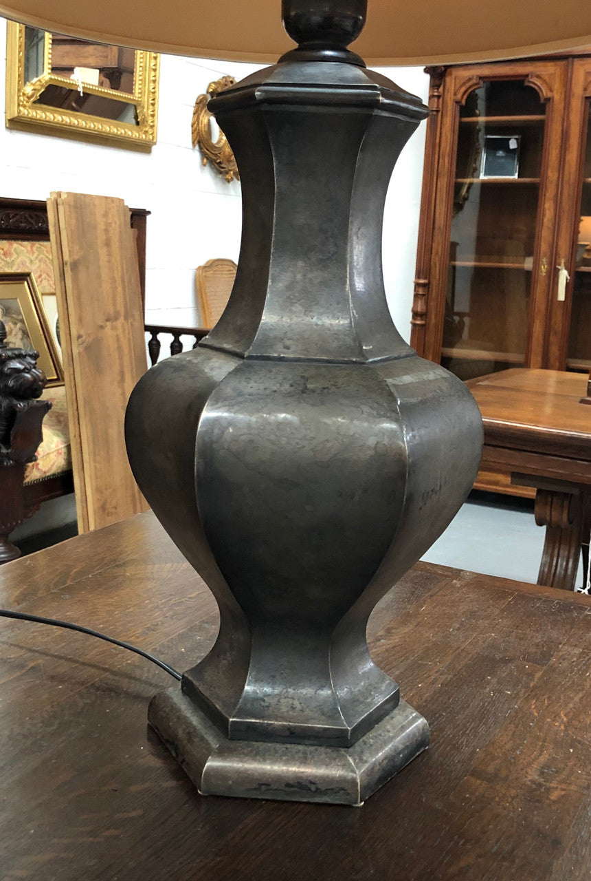 Beautiful pair of 19th Century pewter covered Bronze table lamps with light grey shades .They have been rewired and in good working order.