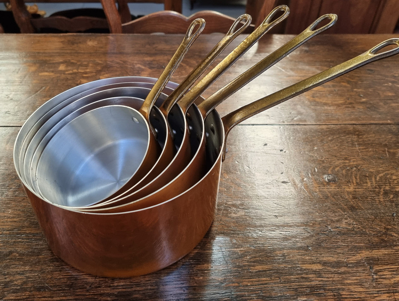 Set of Five French Vintage Copper & Brass Saucepans. They are in amazing original condition.