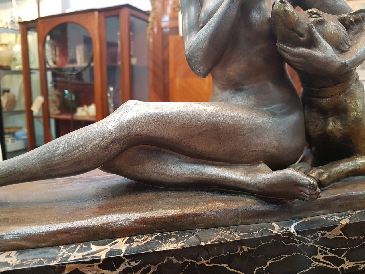 French Art Deco Lady & German Shepherd Bronze