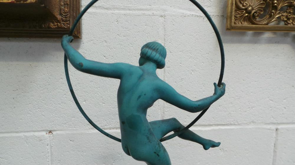 French Art Deco Hoop Lady Statue Signed By Danseuse Au Cerceau