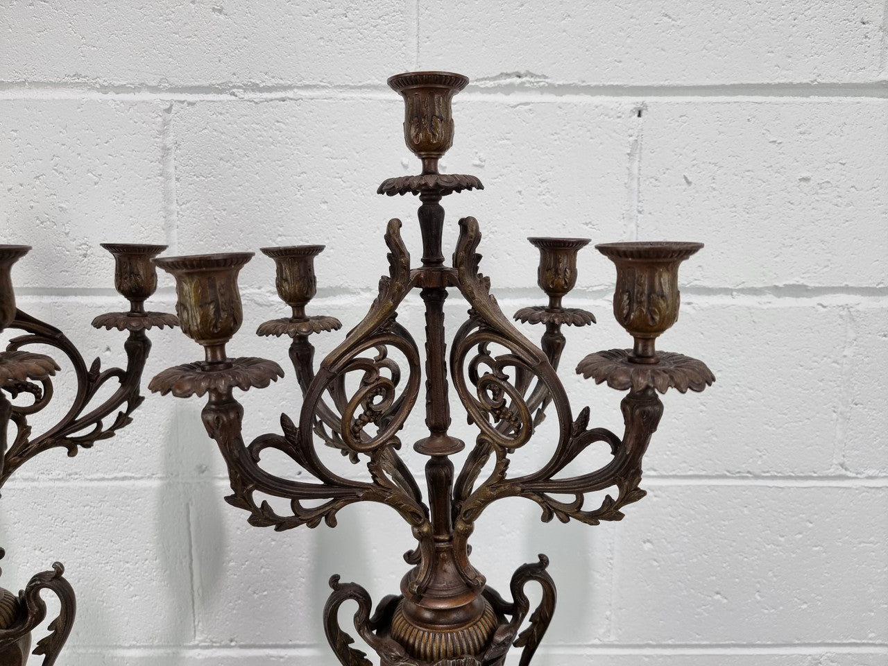 Pair of decorative Antique French spelter and marble candelabras. in very good original detailed condition.