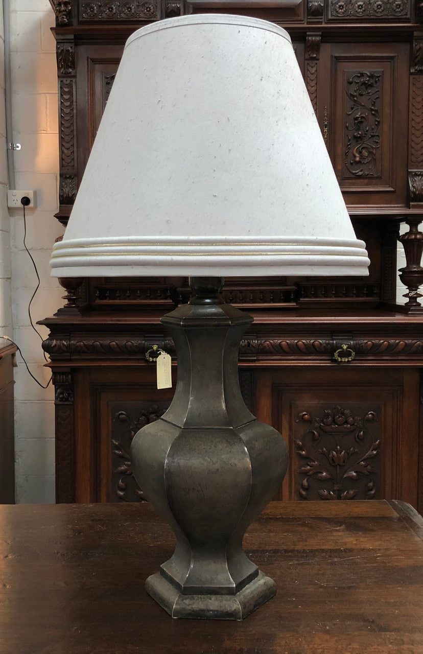 Beautiful pair of 19th Century pewter covered Bronze table lamps with light grey shades .They have been rewired and in good working order.