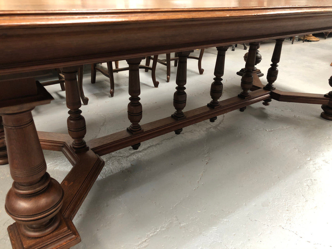 Large French Oak 19th century Henry II style dining table. It can seat 8 very comfortable and being very wide at 119 cm there is plenty of space to sit 10. In good original detailed condition.