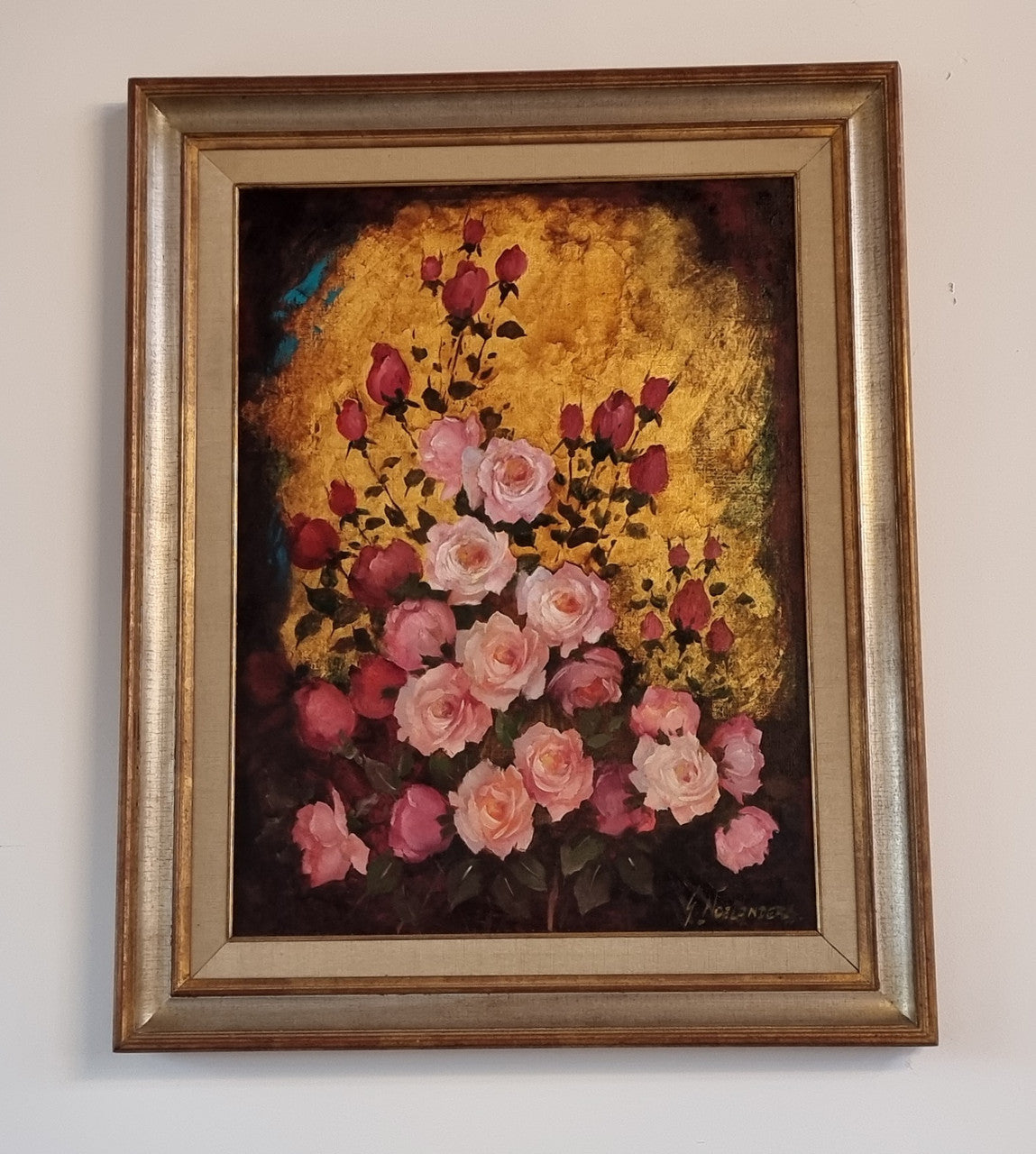 French Signed Floral Oil On Canvas In Silver Gilt & Gilt Frame