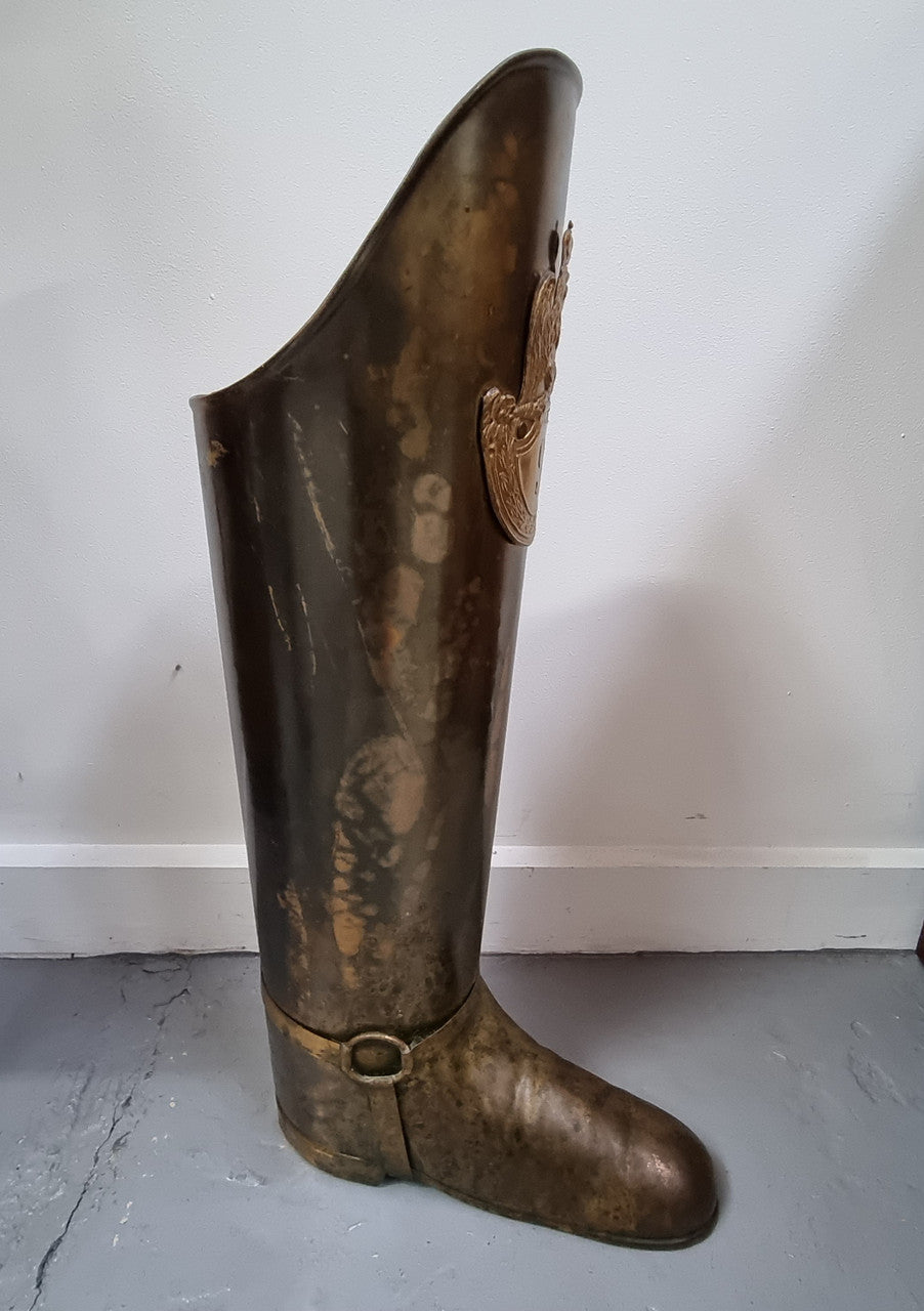 Fabulous French brass decorative boot for storing your umbrellas for walking sticks in good condition. makers stamp underneath .