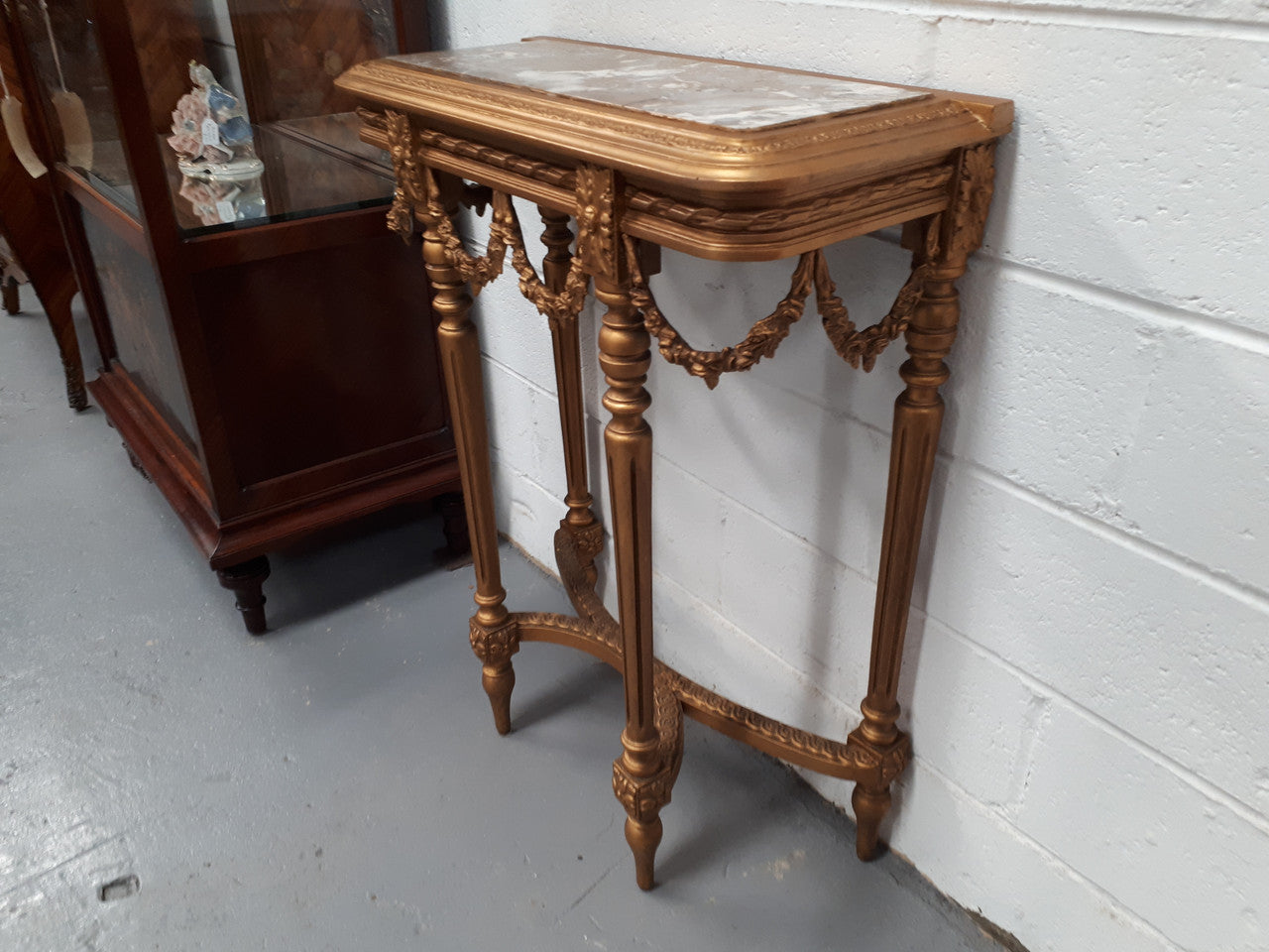 Antique French 19th century Louis XVI style inset marble top & giltwood console table. In good condition. Circa 1880
