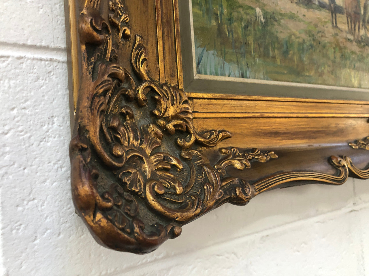 French oil on canvas of a beautiful farm scene in a lovely ornate frame, and in good original condition.