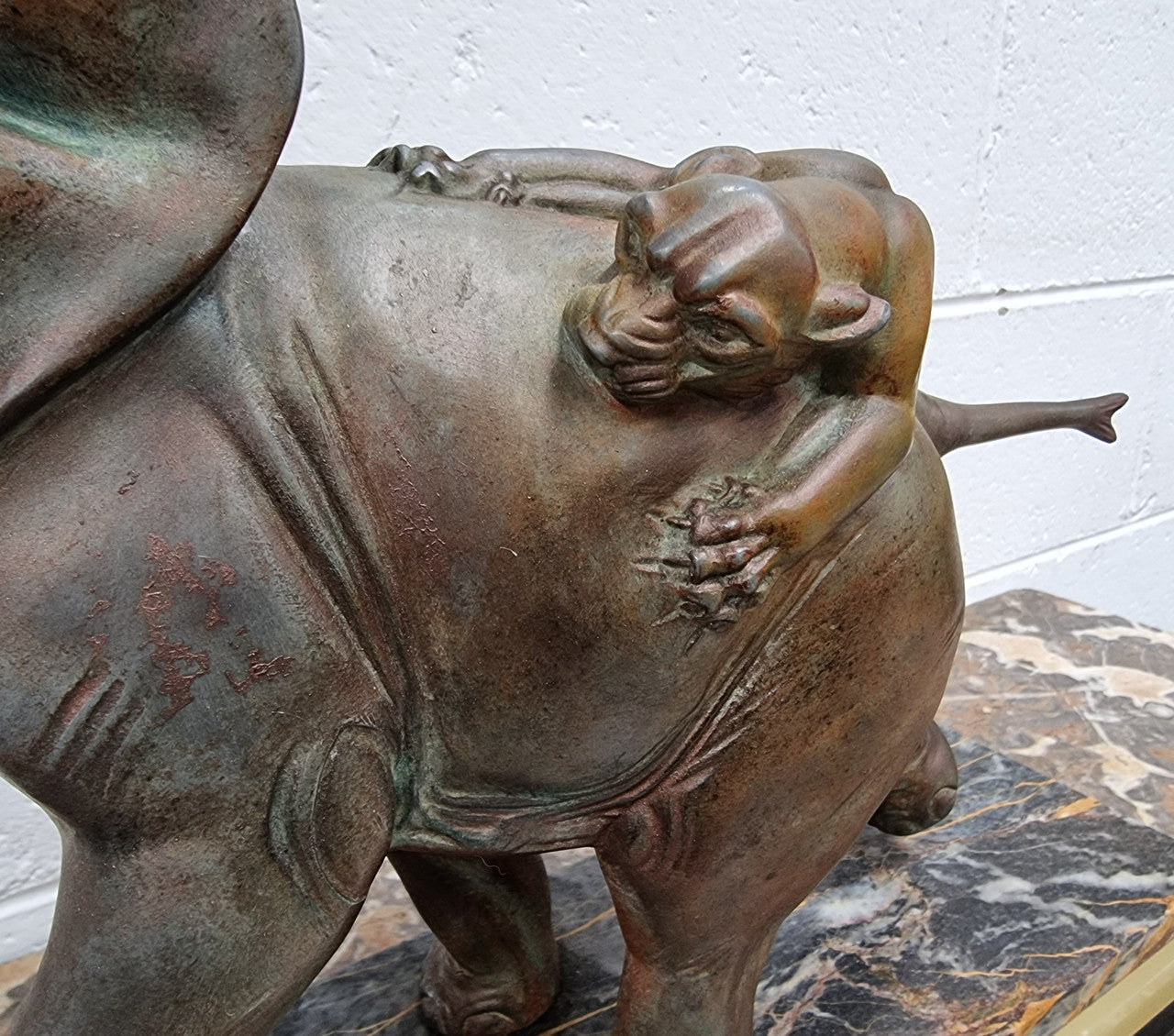 "Irenee Rochard" Art Deco Elephant and Panther statue on a beautiful marble base. Signed on the Elephants leg and sourced from France. It is in good original detailed condition.