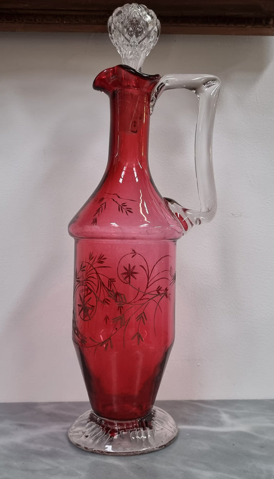 Victorian Etched Ruby Claret Jug With Original Stopper