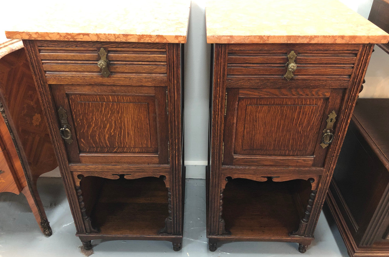 Pair Of French Marble Top Oak Bedside Cabinets