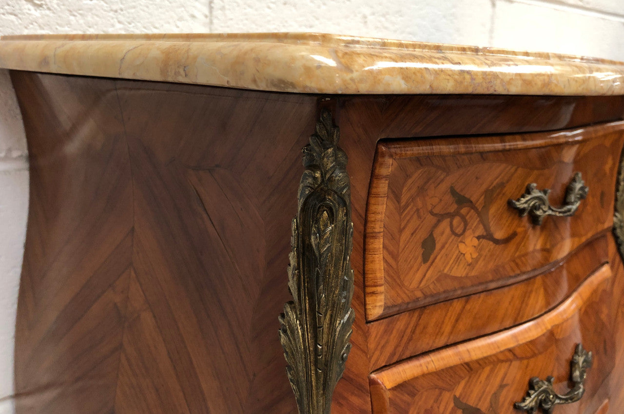 Pair of French Louis XV Style Marquetry Inlaid Marble Top Bedsides