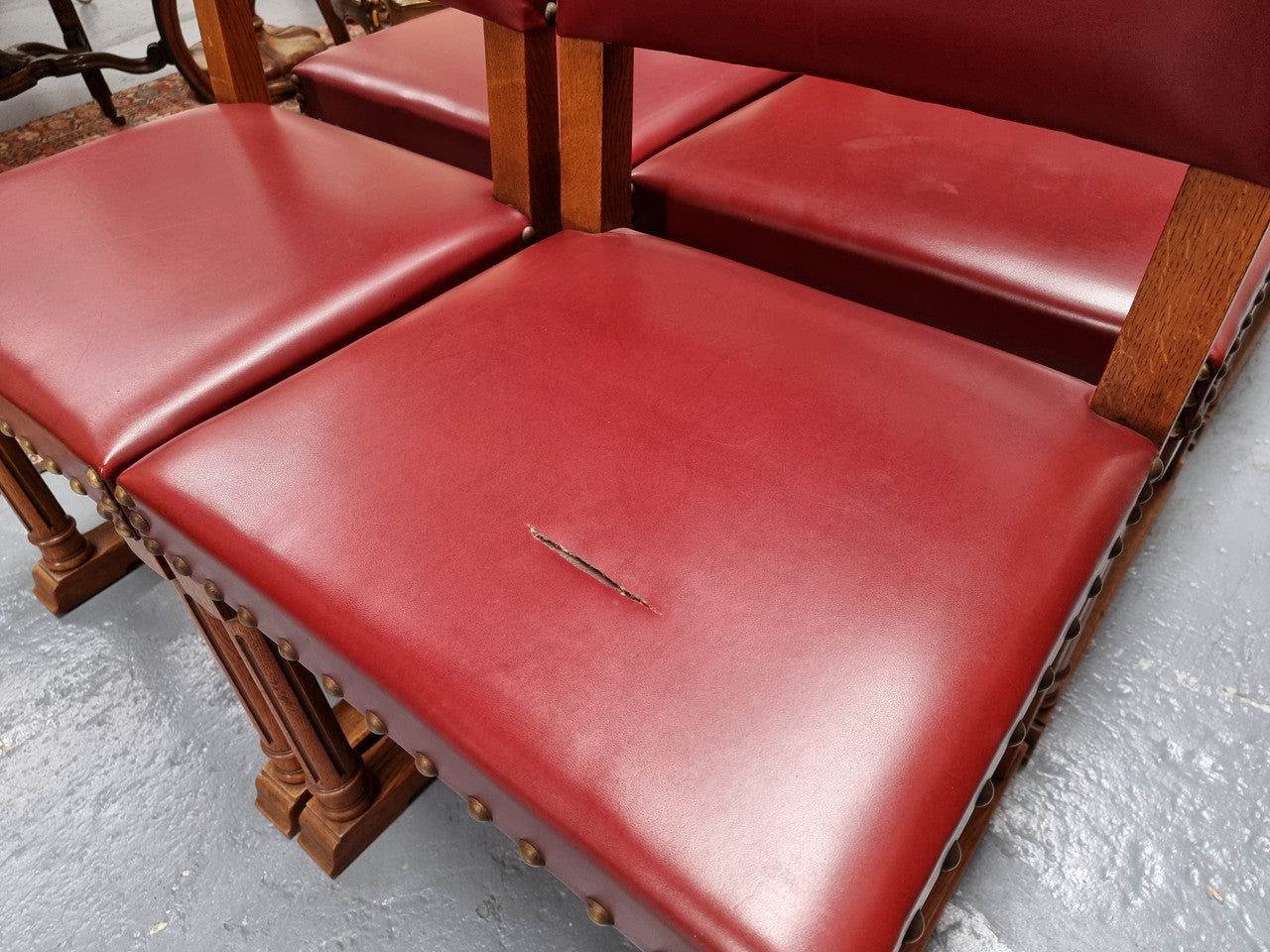 Set Of Eight Oak Upholstered With Faux Leather Dinning Chairs
