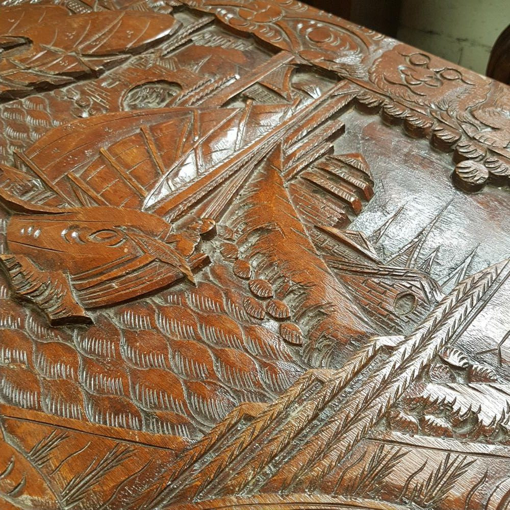 Carved Boat Scene Camphor Wooden Trunk