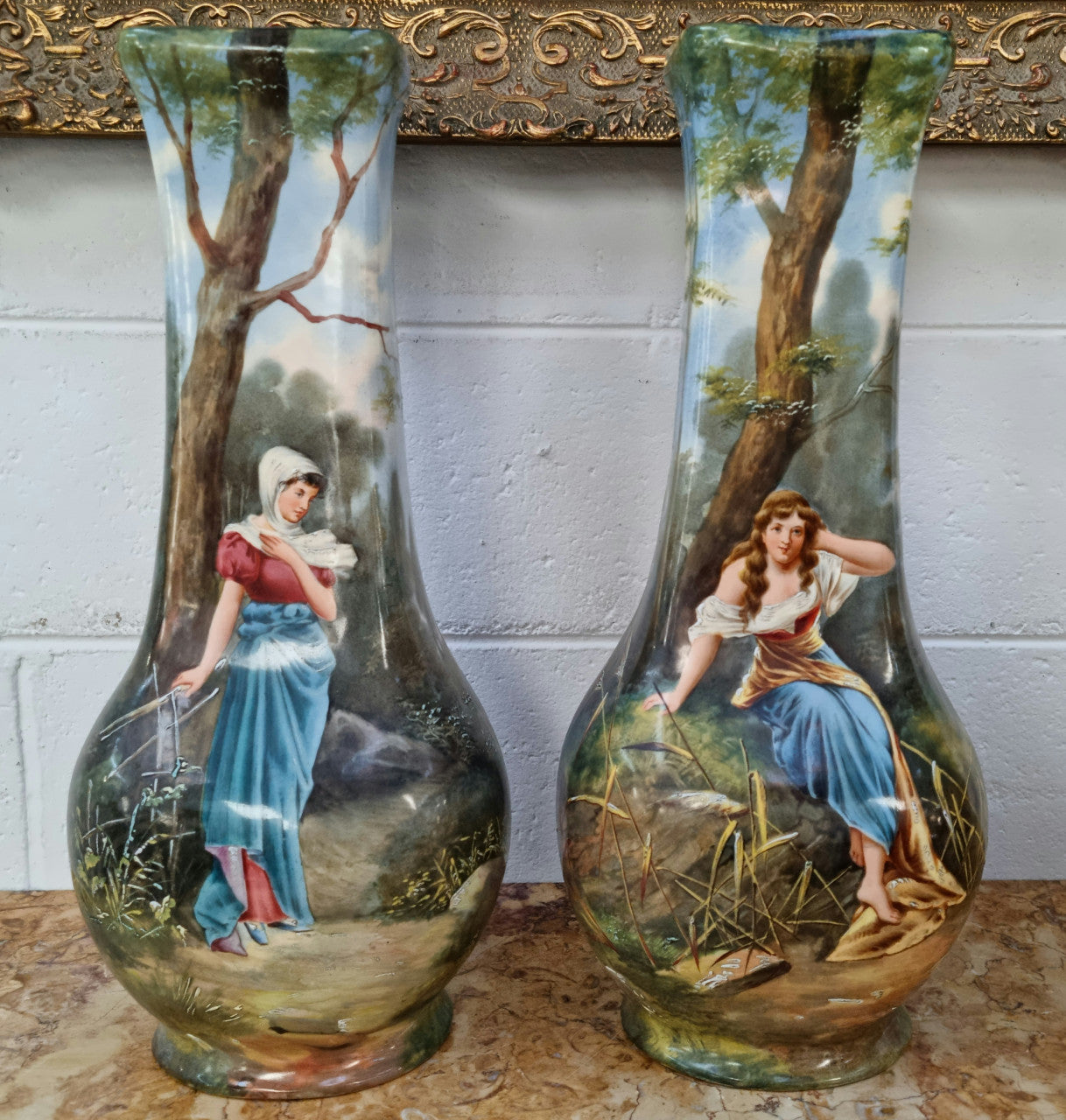 French pair of 19th century large handpainted vases of beautiful women and in good original condition