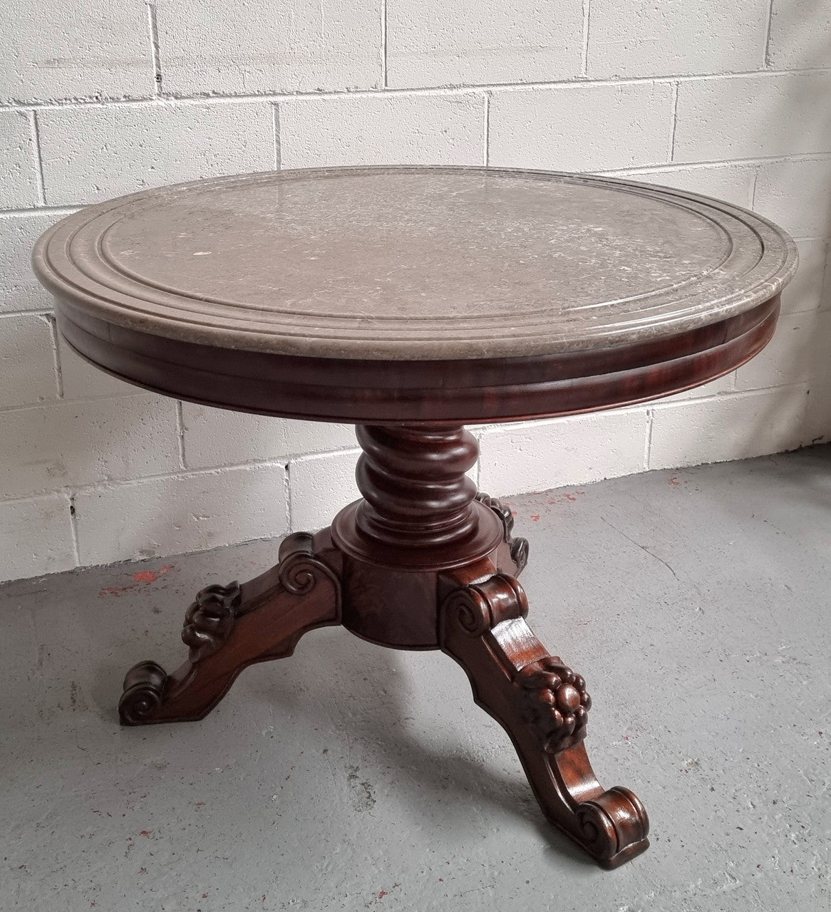 French 19th Century Napoleon III Walnut and marble top centre table. It has been sourced from France and is in good original detailed condition.
