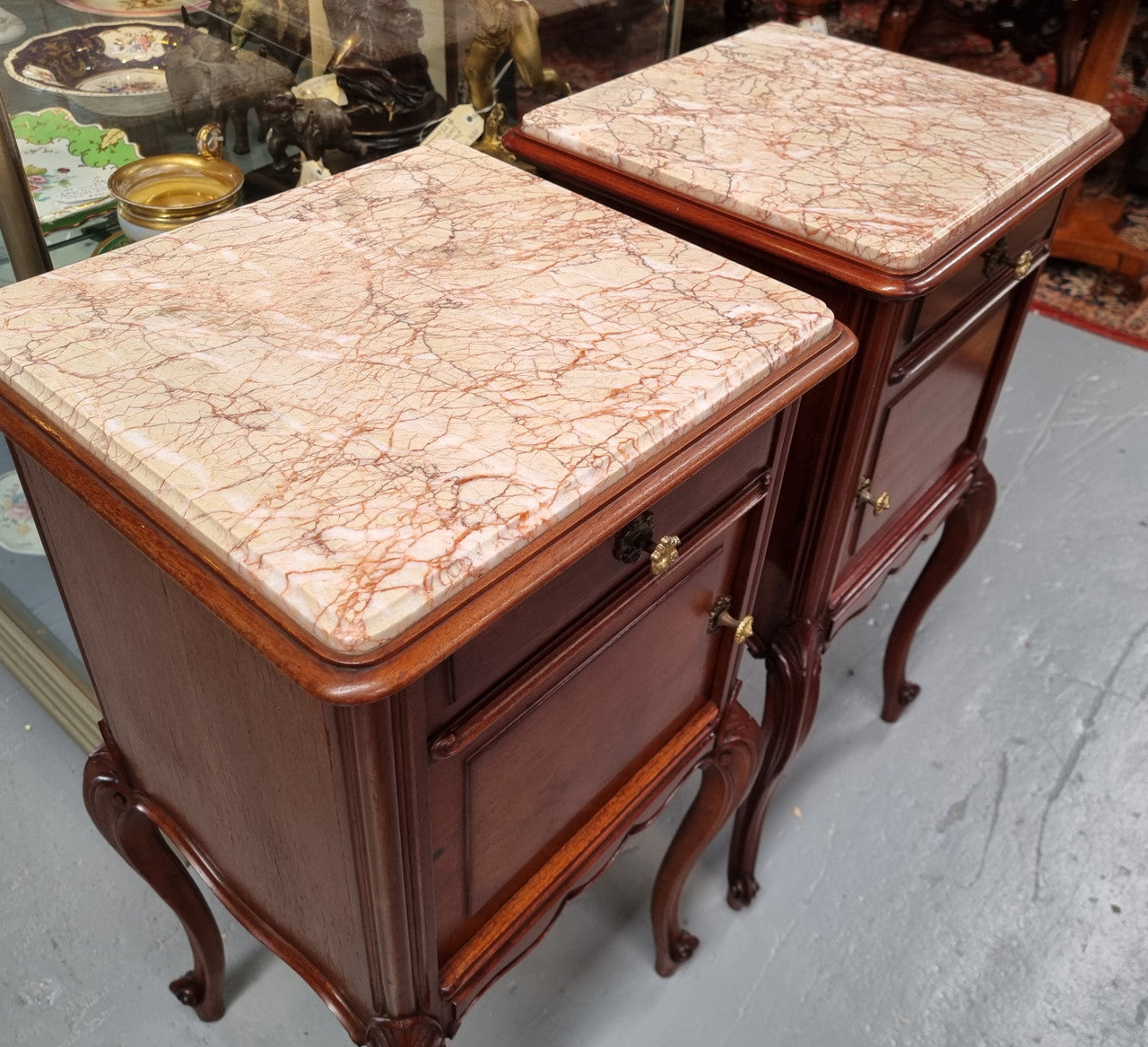 Pair French Louis 15th Style Mahogany Inset Marble Top Bedsides
