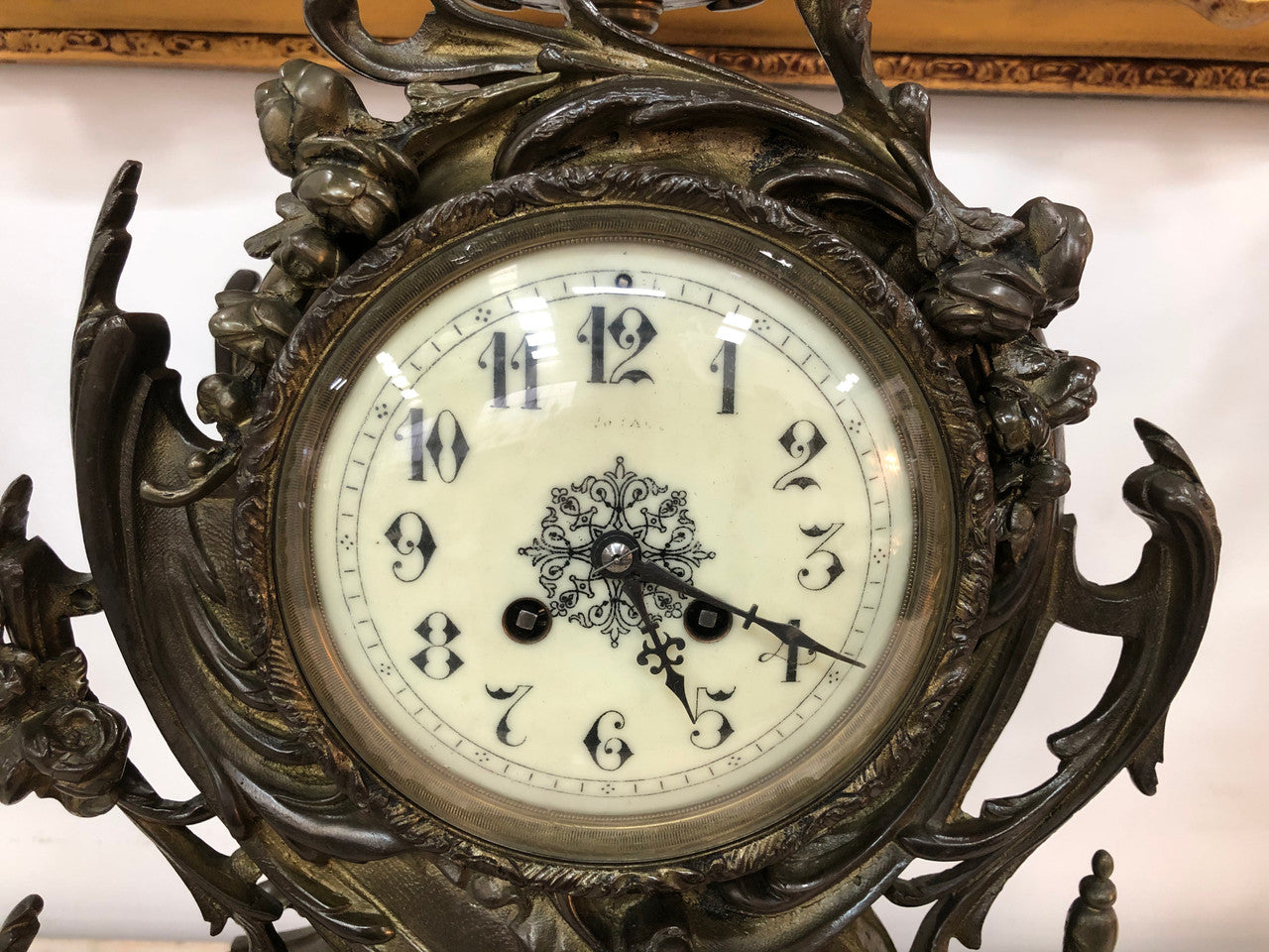 French Three Piece Gothic Style Bronze Clock Set