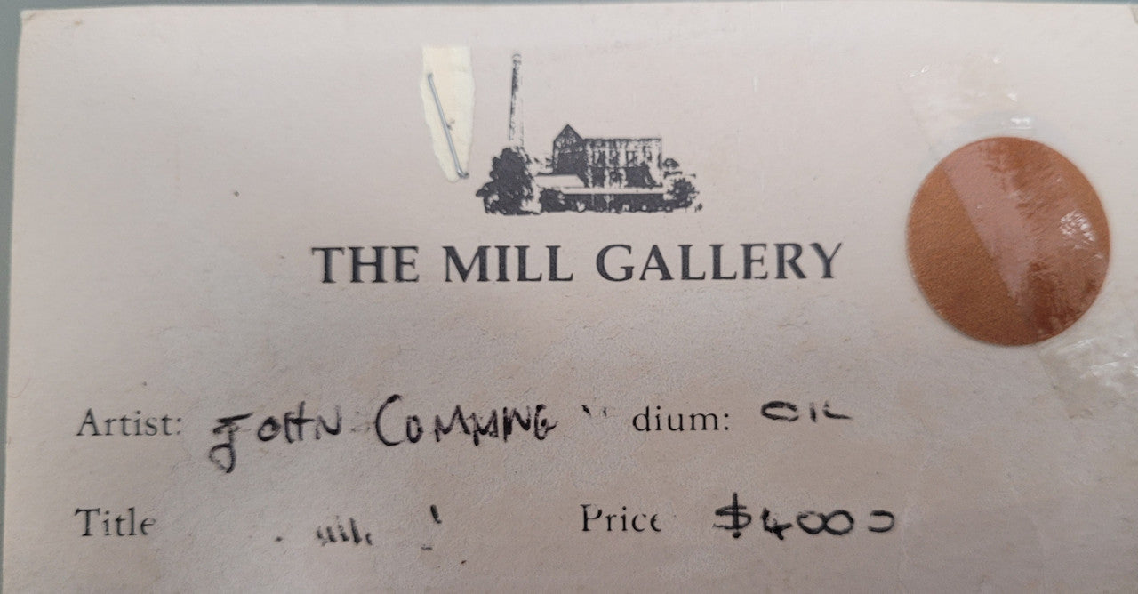 A beautiful Framed oil on canvas in vibrant colours and framed in a lovely gold frame. This piece is signed by artist John Cumming from "The Mill Gallery" and still has its original gallery card as shown in picture. It is in good original condition.