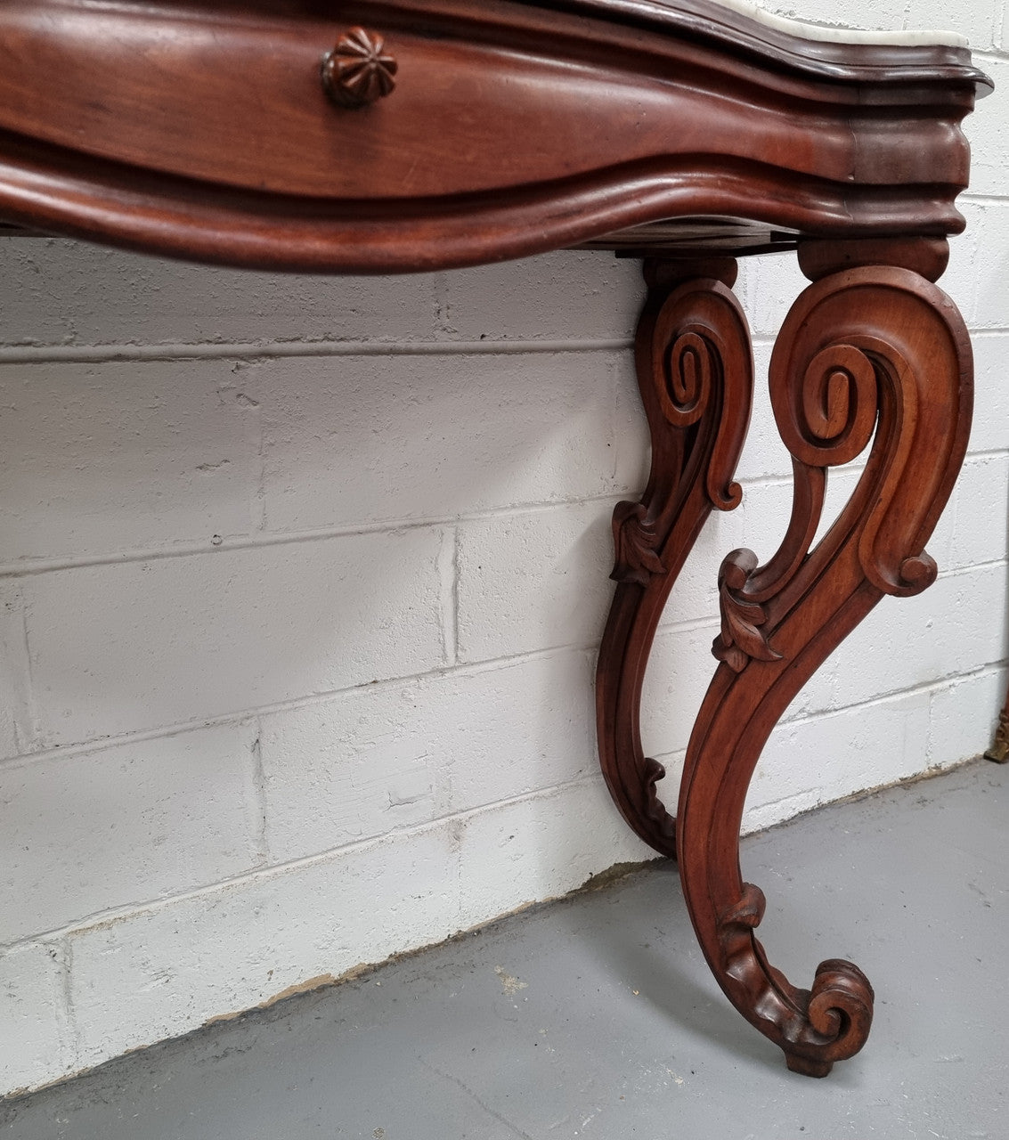 19th Century French Mahogany marble top console table. Louis XV style with white marble top and single drawer. Sourced from France and in good original detailed condition.